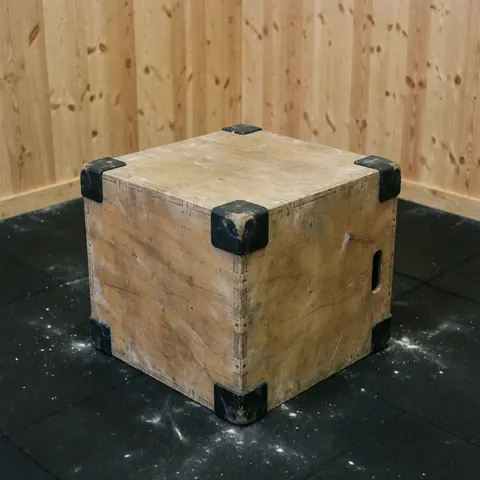 Wooden jump box with black corner protectors on a black floor against light wood walls with scattered white dust