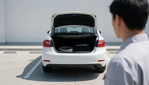 Technician installing car audio system in trunk with visible cables and subwoofer
