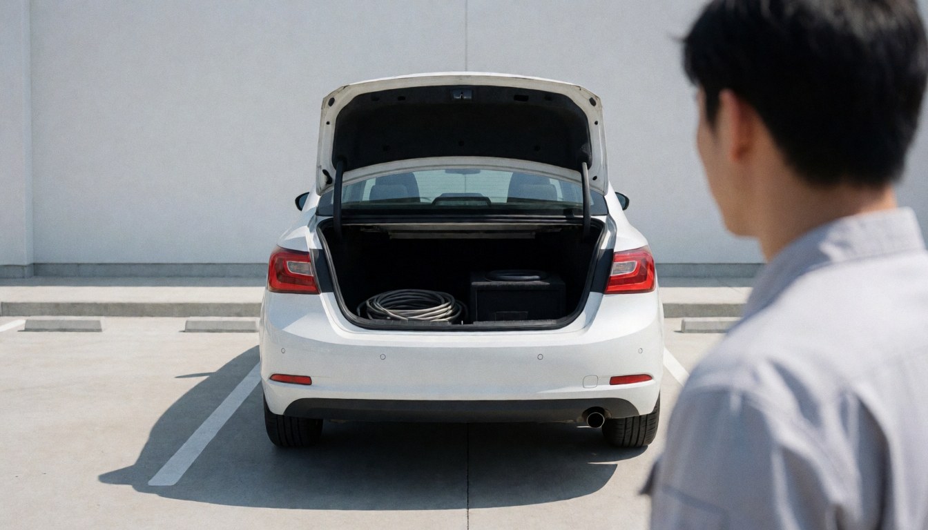 Technician installing car audio system in trunk with visible cables and subwoofer