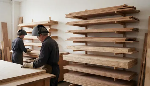 Two carpenters wearing safety helmets work with wooden boards in a well-lit workshop with wooden shelves.