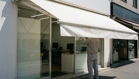 Worker adjusting a white awning over a storefront with glass windows under bright sunlight