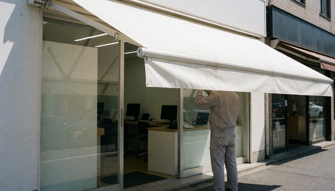 Worker adjusting a white awning over a storefront with glass windows under bright sunlight
