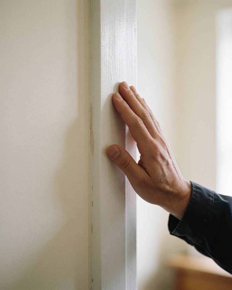 Close-up of an adult hand touching a freshly painted white door frame against a cream wall with natural light, highlighting professional door installation details.