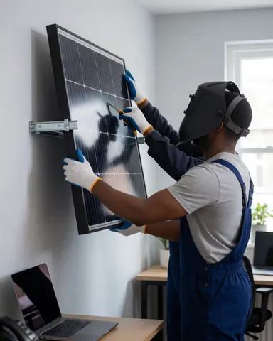 Technician wearing safety gear mounts a solar panel on a wall using a metal bracket in an office setting.