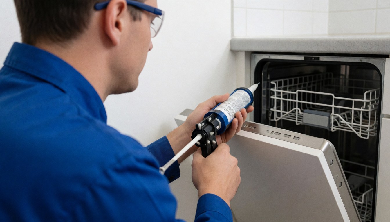 Technician in blue uniform applying sealant to dishwasher door during appliance repair service