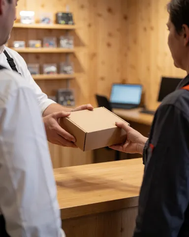 Instructor hands a cardboard box containing a robotics kit to a customer in a workshop with component shelves and light wood walls