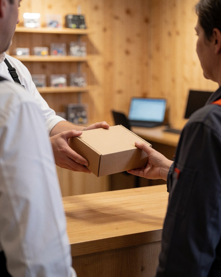 Instructor hands a cardboard box containing a robotics kit to a customer in a workshop with component shelves and light wood walls