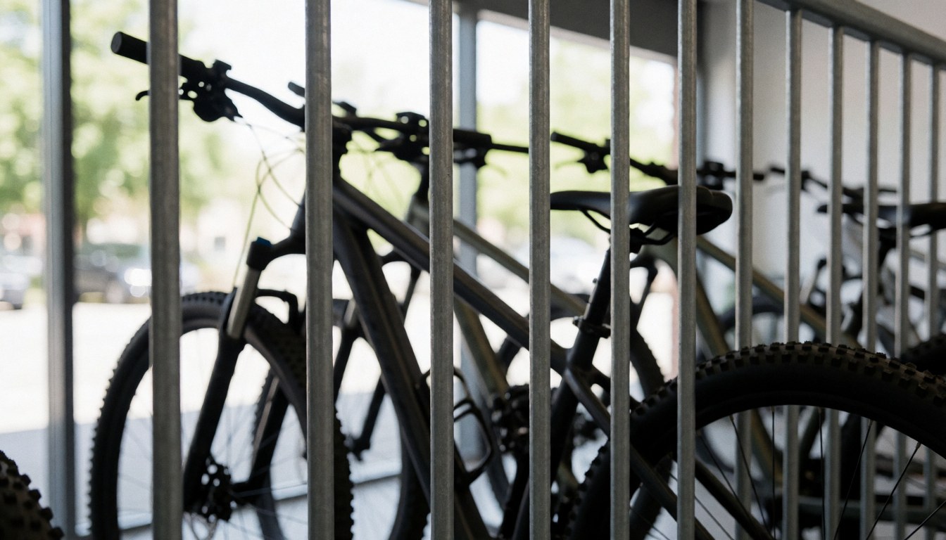 Industrial background featuring mountain bikes parked behind a metal fence, suitable for a mountain bike coaching business text overlay.