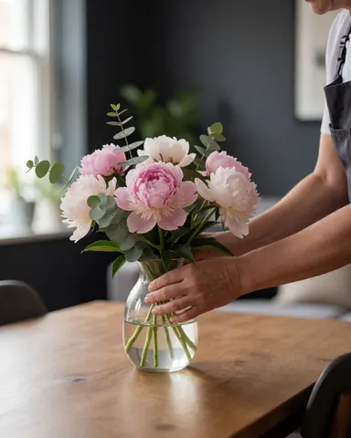 Hands adjusting a bouquet of peonies in a clear glass vase on a wooden table with gray walls and natural light