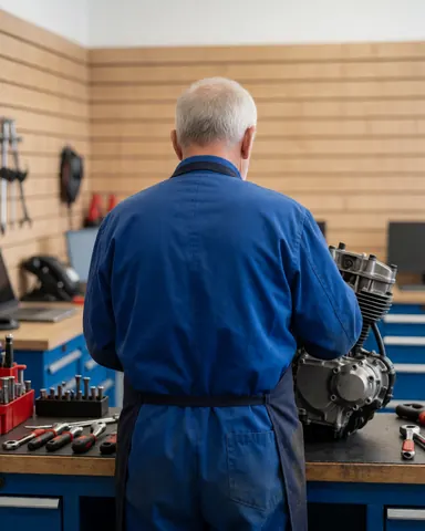 Mechanic in blue apron working on motorcycle engine in workshop with wooden walls and organized tools