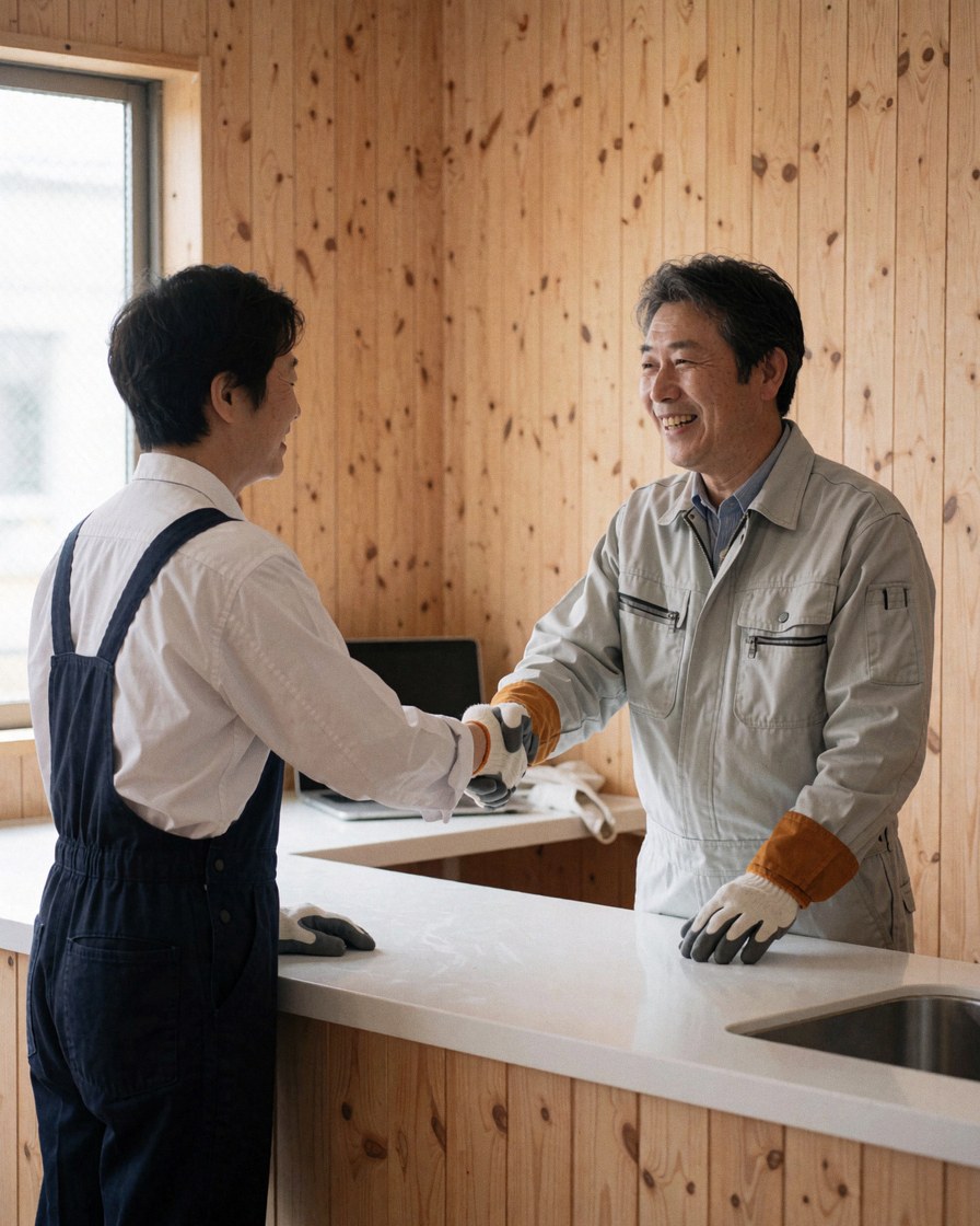 A technician and a happy customer shaking hands in a workshop with wooden walls and a stove visible in the background.