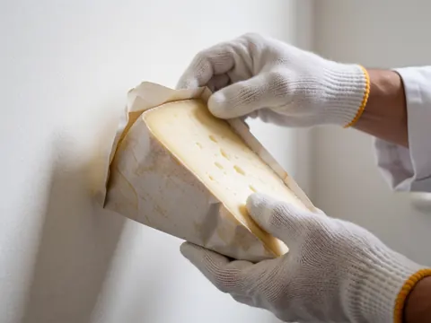 Gloved hands adjusting a holey white cheese wrapped in stained paper against a white wall for rural lodging business