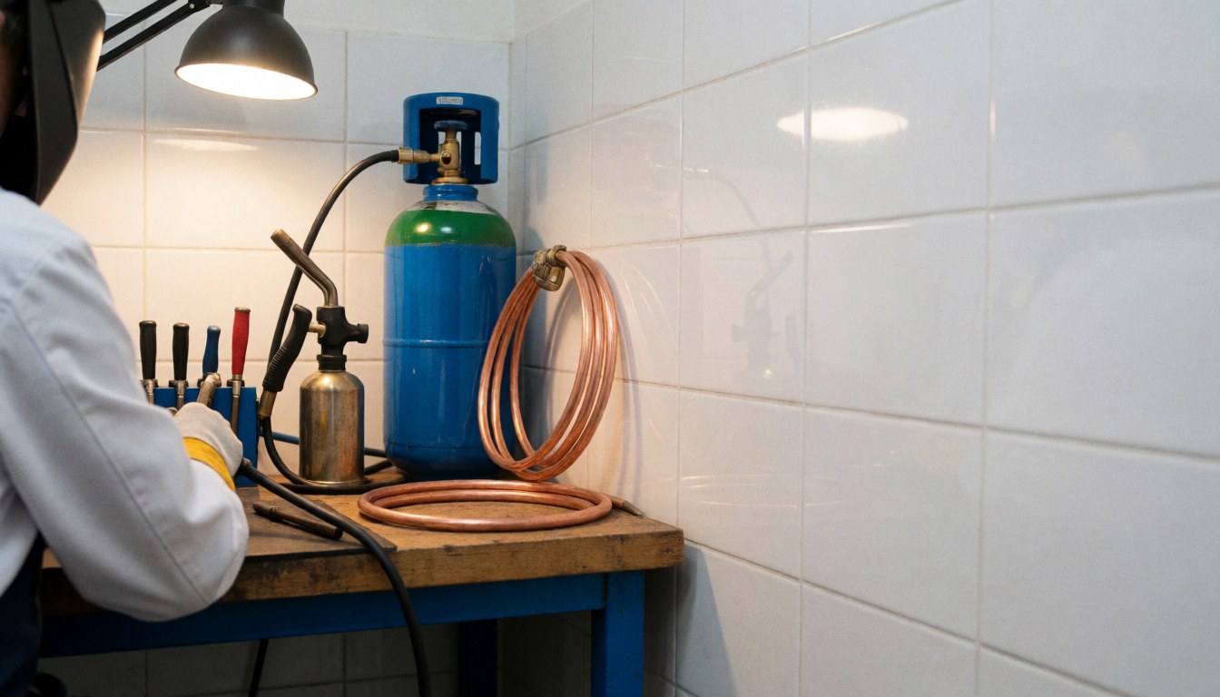 Technician repairing a refrigerator using copper tubing and a nitrogen tank in a workshop with white tiled walls