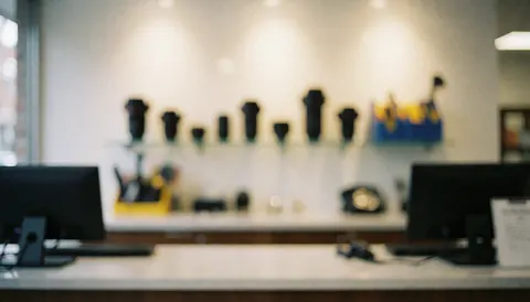 Camera lenses and computers on a counter with warm bokeh lighting, ideal for text overlay