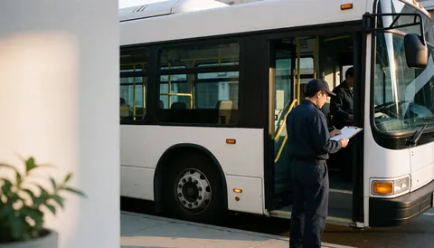 Uniformed bus driver reviews a checklist at the open door of a white bus parked on the street during morning hours