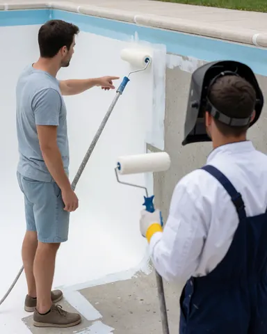 A client points at the newly applied white waterproofing membrane on the exterior pool wall while a technician rolls it on with a paint roller.