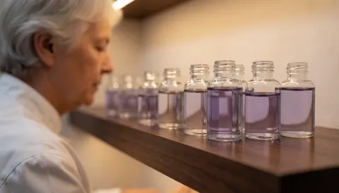 Glass essential oil bottles arranged on a wooden shelf with a person working in the background, suitable for a shiatsu center.