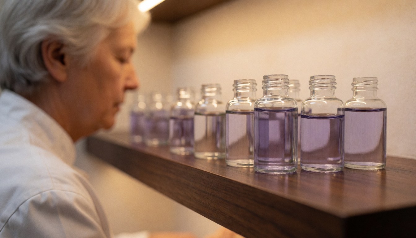 Glass essential oil bottles arranged on a wooden shelf with a person working in the background, suitable for a shiatsu center.