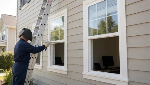 A professional worker uses a ladder and tool to repair a house window on a well-maintained facade.