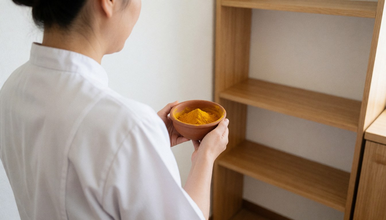 Back view of a professional holding a yellow turmeric bowl on a wooden shelf against a white wall in an ayurvedic massage setting