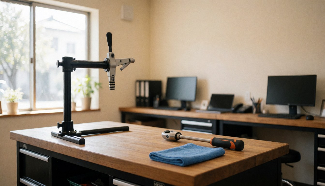 Black bicycle repair stand on a wooden table with a blue towel and torque wrench in a well-lit workshop with natural light