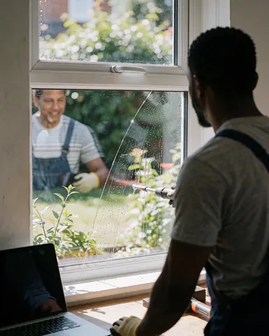 A man wearing gloves cleans a window with a tool, reflecting a smiling client in the garden.