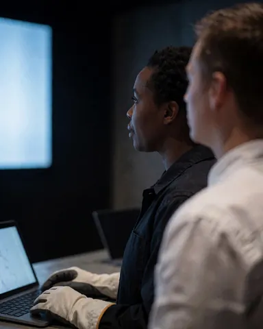 A person wearing gloves looks at a laptop screen in a modern office with concrete walls and a technical atmosphere.