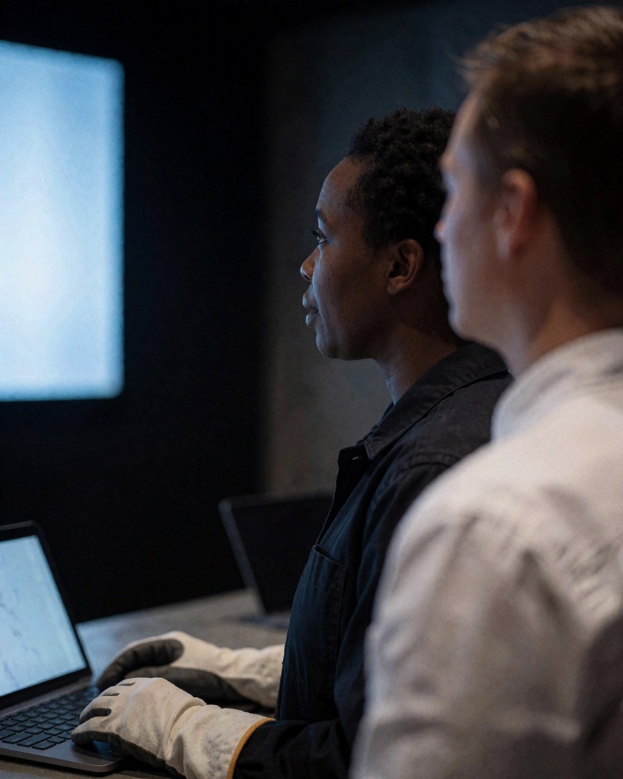 A person wearing gloves looks at a laptop screen in a modern office with concrete walls and a technical atmosphere.