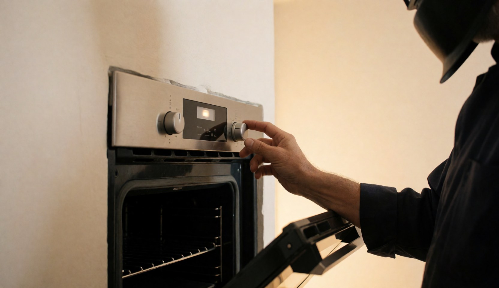 Technician adjusting thermostat on open oven panel with clean walls and warm lighting for oven repair service