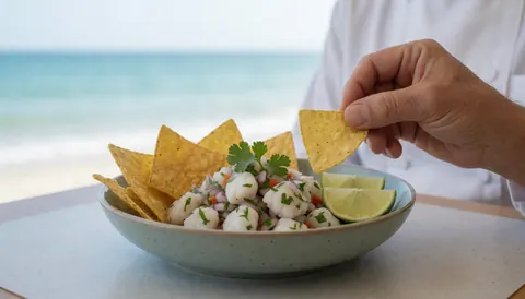 Bowl of white fish ceviche with tortilla chips, cilantro, and lime on a table overlooking the ocean, suitable for a resort setting.