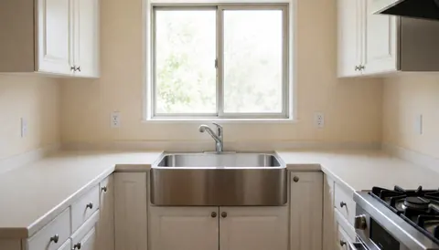 Modern kitchen featuring a stainless steel sink positioned under a window, white cabinets, and beige walls, suitable for kitchen installer websites.