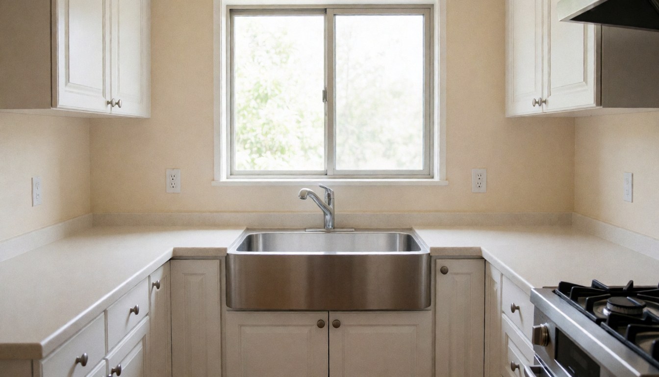 Modern kitchen featuring a stainless steel sink positioned under a window, white cabinets, and beige walls, suitable for kitchen installer websites.