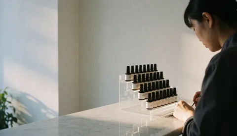 A manicurist uses nail products from an acrylic display on a white marble table with warm natural light