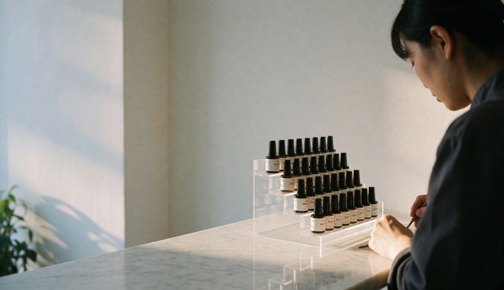A manicurist uses nail products from an acrylic display on a white marble table with warm natural light
