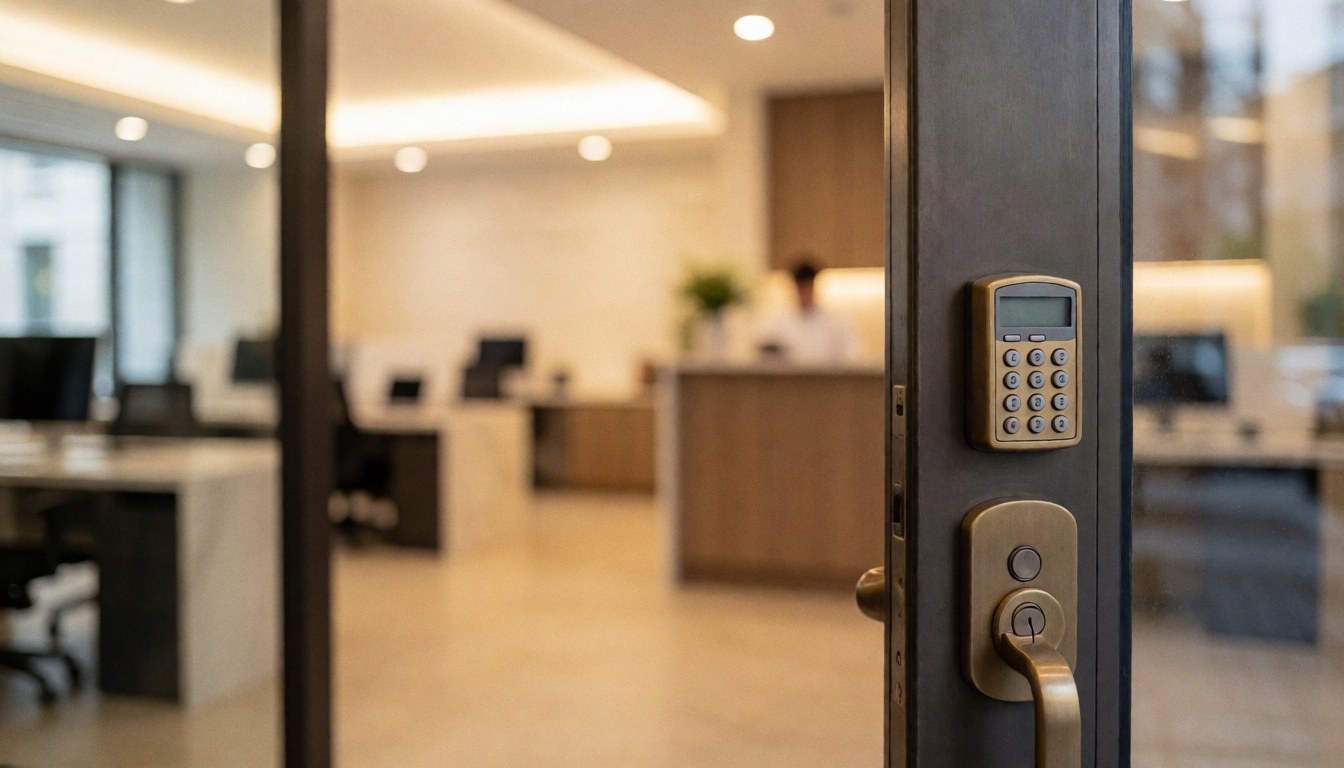 Numeric code access door in a modern office building with a blurred background featuring warm lights and reception area.