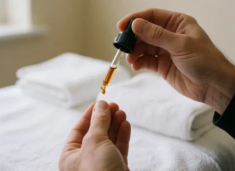 Close-up of a hand holding a glass dropper with an amber serum drop above folded white towels in a clinical setting.
