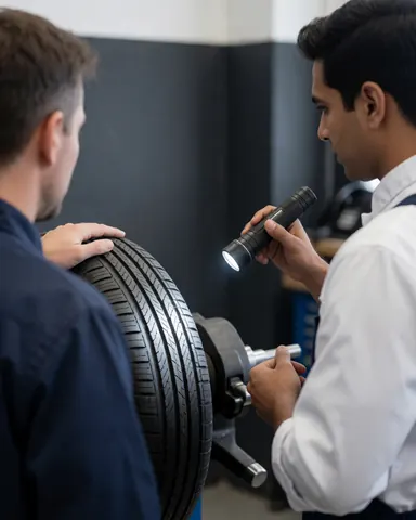 Mechanic uses flashlight to inspect a mounted tire on a balancer while a customer watches in a gray-walled workshop.