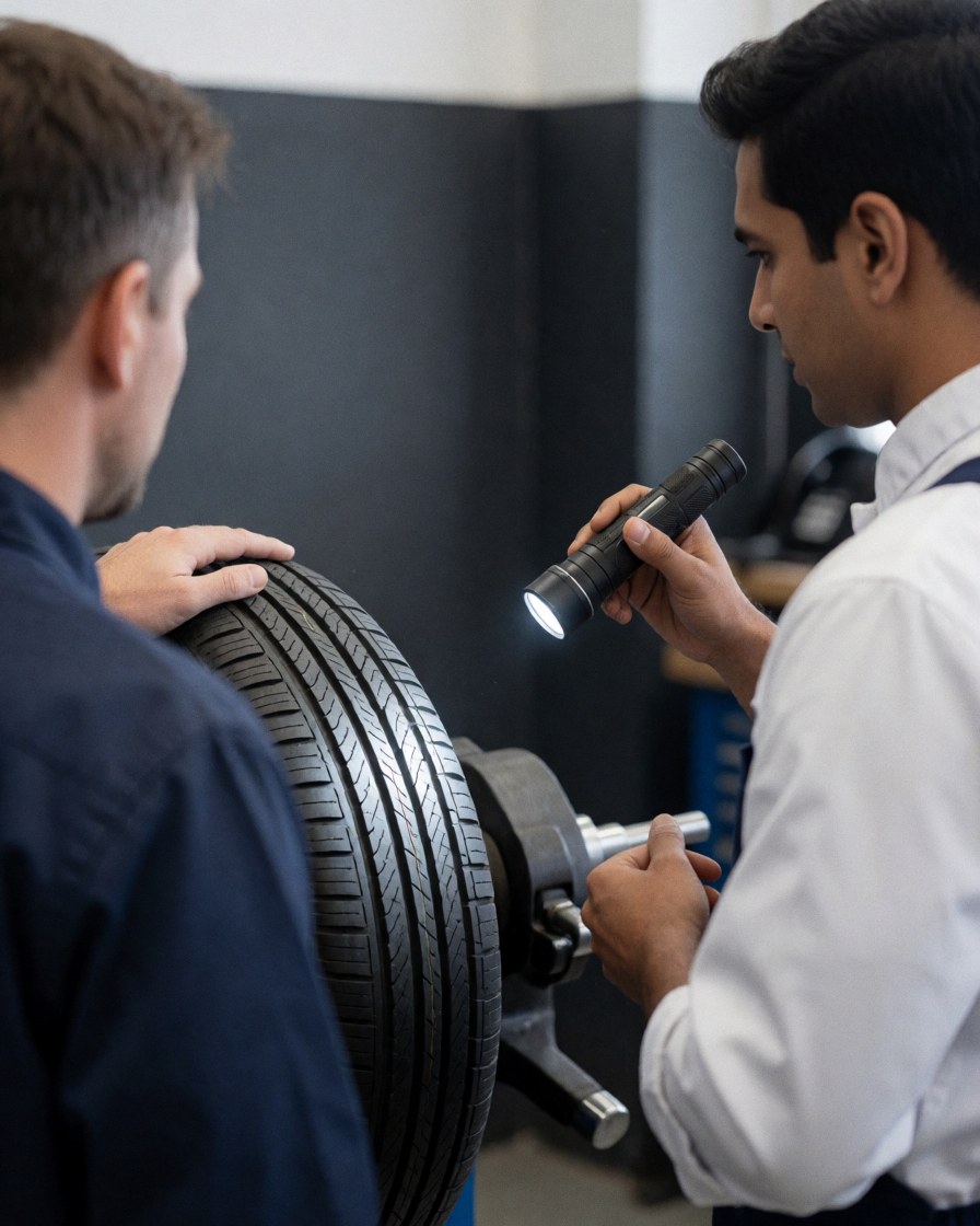 Mechanic uses flashlight to inspect a mounted tire on a balancer while a customer watches in a gray-walled workshop.