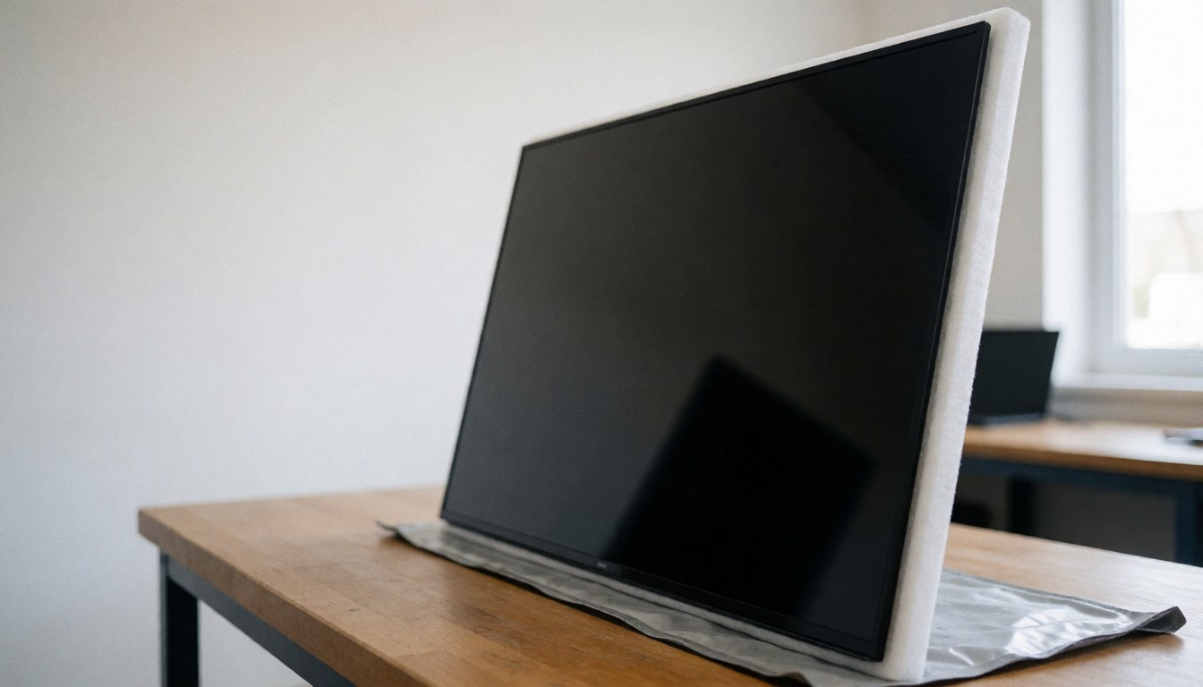 New television panel inside an anti-static bag resting on a wooden table in a well-lit workshop setting for TV repair services
