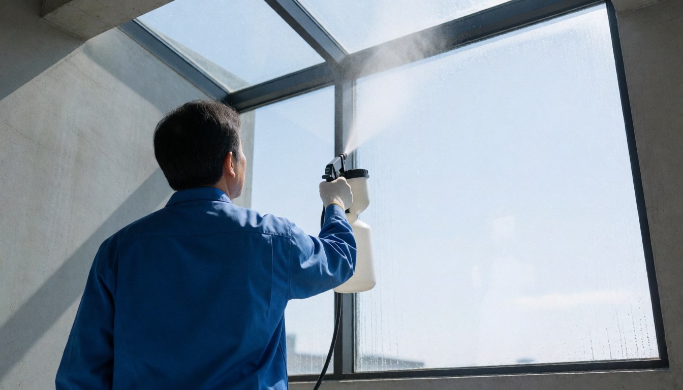 A worker uses a spray to clean a large glass window, with sunlight illuminating the concrete walls and creating a misty effect.