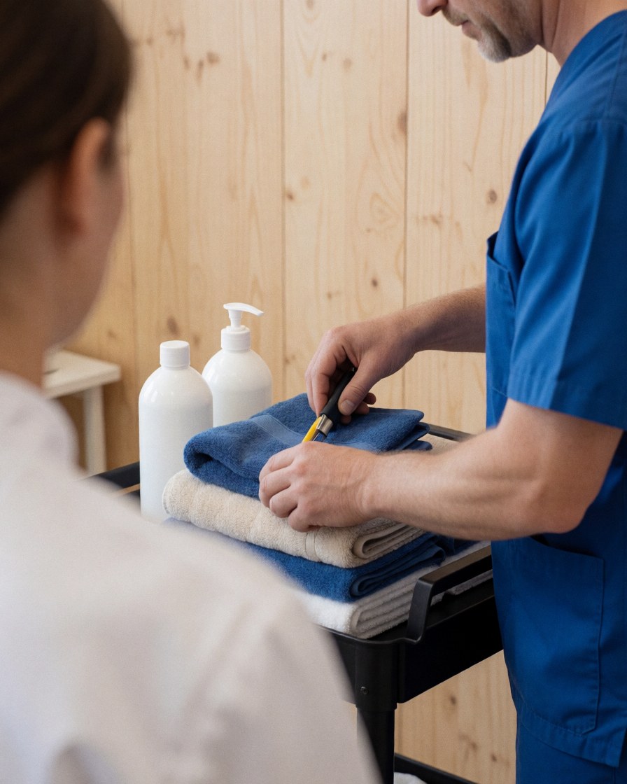 Therapist in blue uniform cutting a blue towel on a cart with bottles in a sports massage clinic with wooden walls