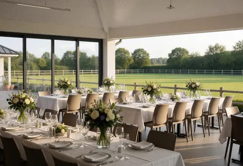 Event terrace with long tables, flowers, and view of equestrian field, ideal for celebrations at an equestrian center.