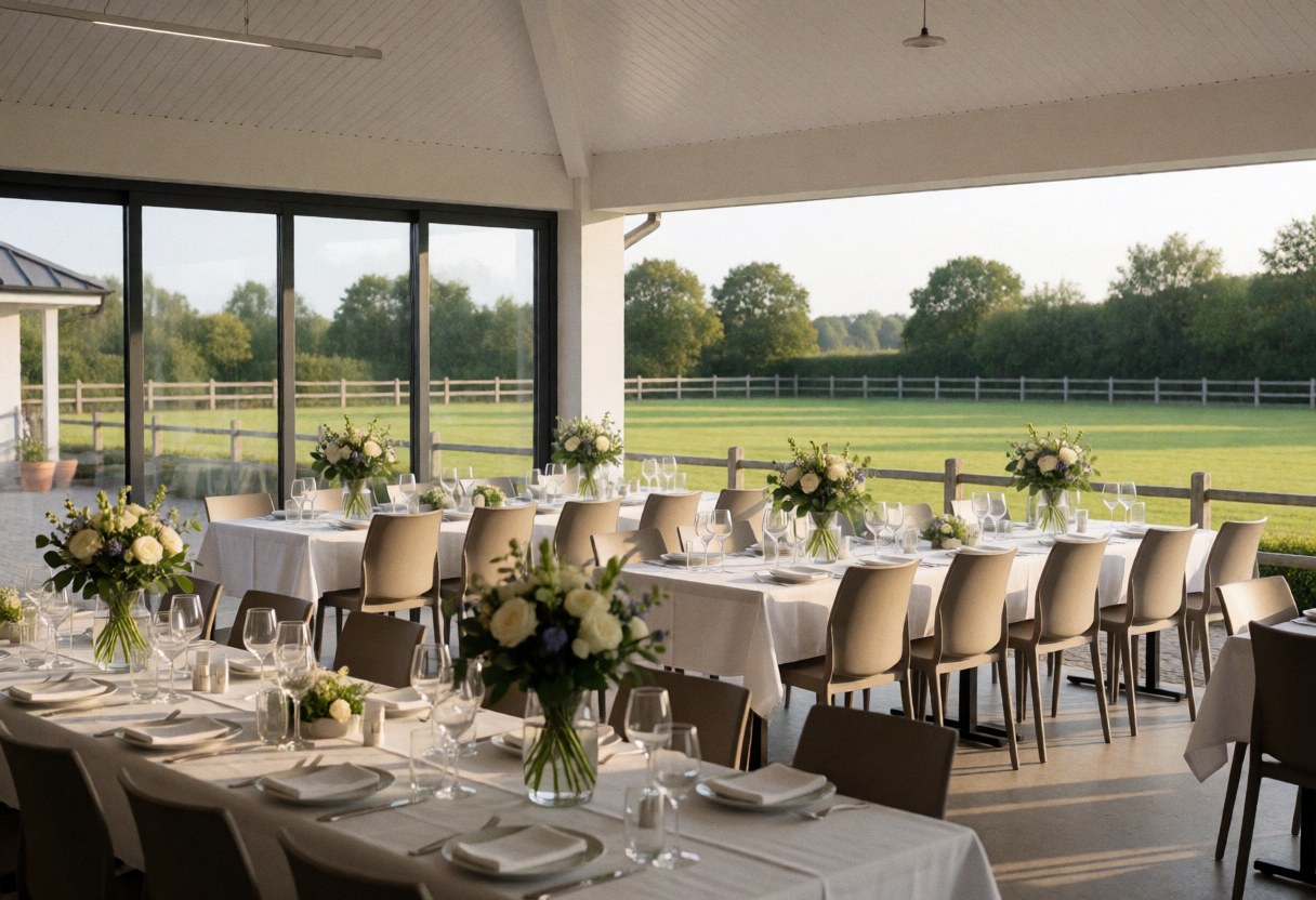 Event terrace with long tables, flowers, and view of equestrian field, ideal for celebrations at an equestrian center.
