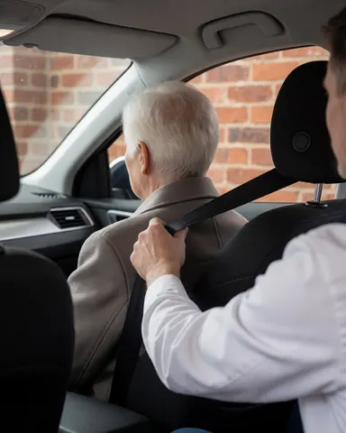 Ride-hailing driver assists an older passenger with their seatbelt in the back seat, showing attentive service.