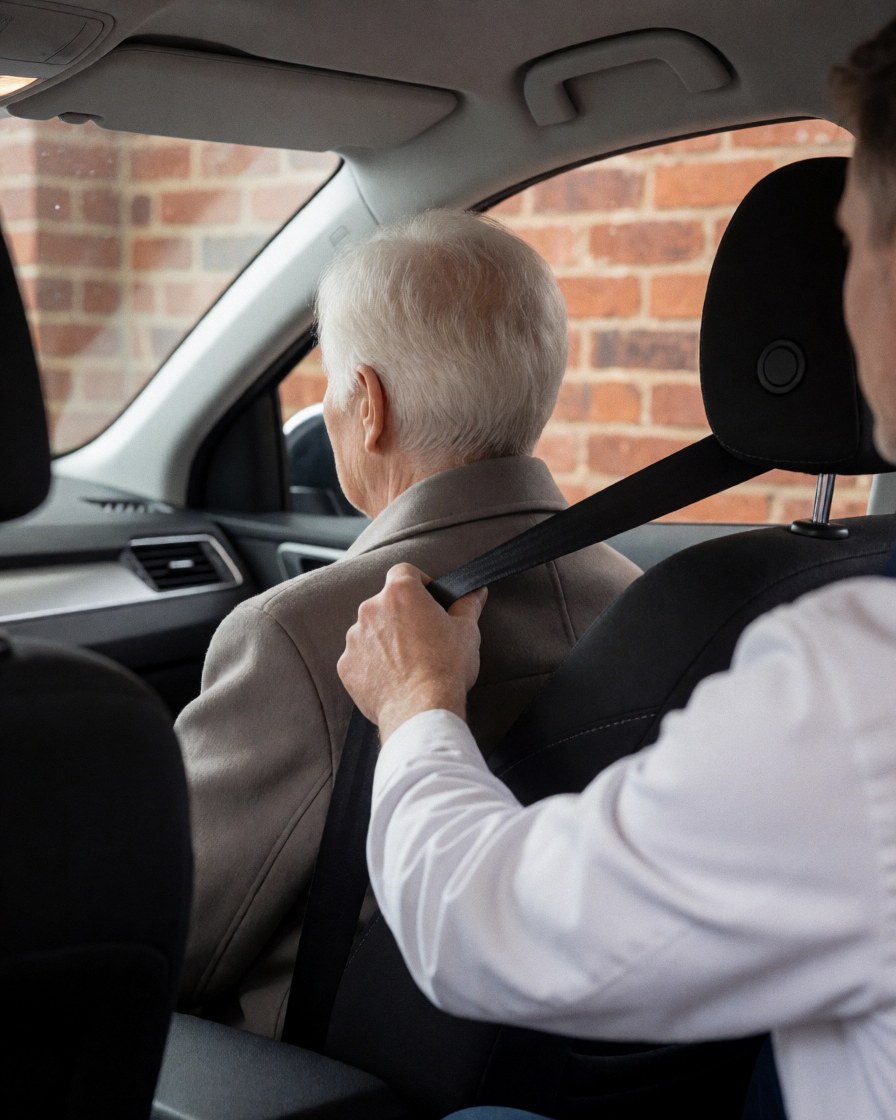 Ride-hailing driver assists an older passenger with their seatbelt in the back seat, showing attentive service.