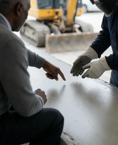 Client and worker inspecting a leveled concrete base with construction machinery in the background