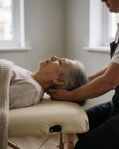 Close-up of therapist hands performing a cervical massage on a client lying on a treatment table in a room with gray walls and natural light.