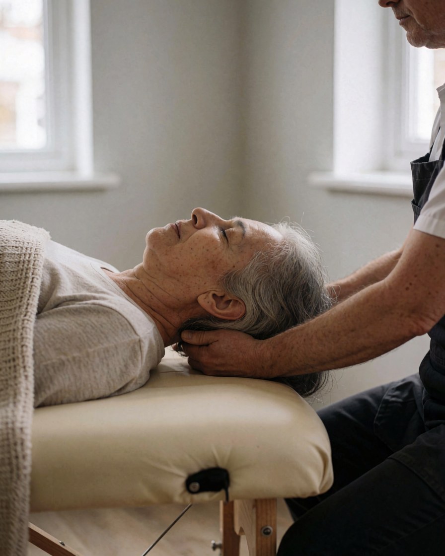 Close-up of therapist hands performing a cervical massage on a client lying on a treatment table in a room with gray walls and natural light.