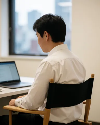 Young person working on a laptop while seated in a director chair with an urban view and white walls