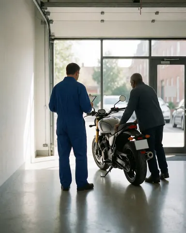 A happy customer stands with a modern motorcycle in a professional garage while a mechanic in a blue jumpsuit inspects the bike under natural light.